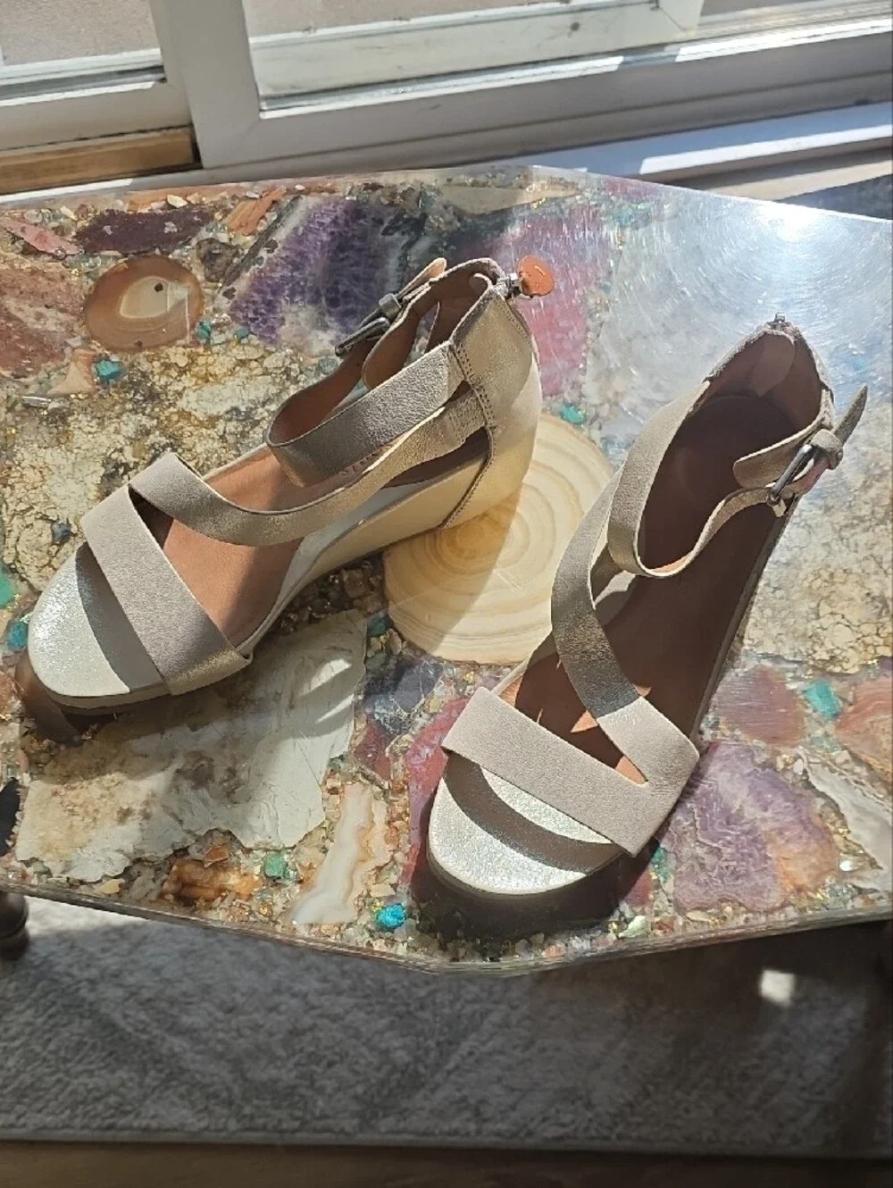 gentle souls Iridescent Champagne Beige Wedge Sandals